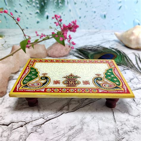 Buy Poojagallery Peacock & Kalash Handicrafts Marble Pooja Chowki ...