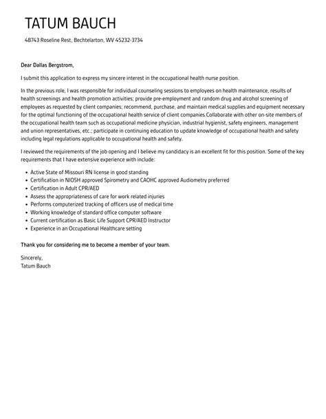 Occupational Health Nurse Cover Letter | Velvet Jobs