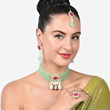 ZAVERI PEARLS Pink & Green Beads Cluster Drops Kundan Choker Necklace ...