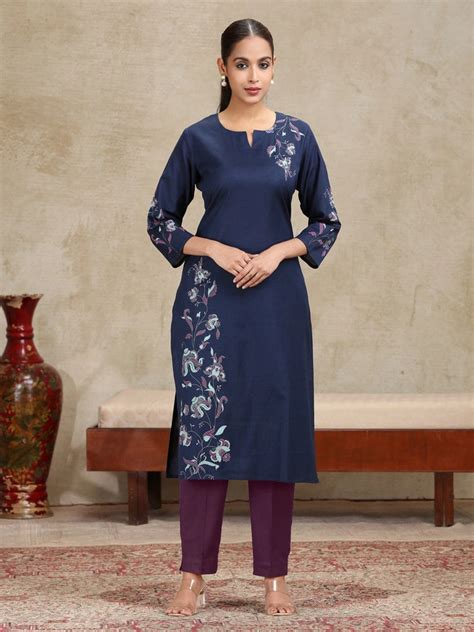 Navy Blue Floral Printed Straight Cotton Kurta – Cotton Culture