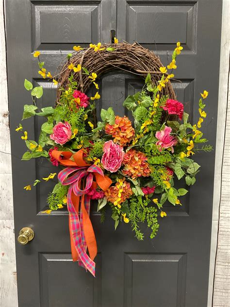 Pink and Orange Spring Wreath, Spring Door Wreaths, Yellow Forsythia ...