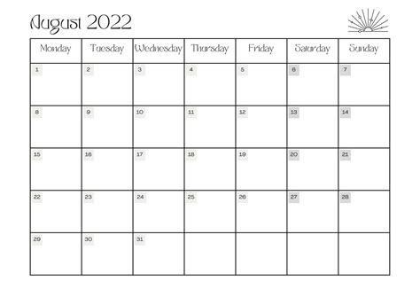 August 2022 Monthly Calendar Printable