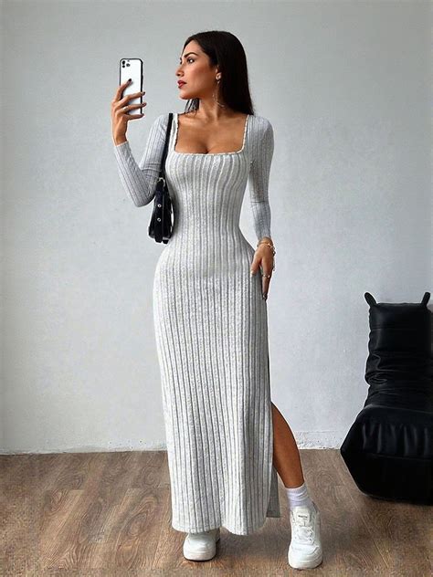 Shop Grey Square Neck High Slit Maxi Dress - for Women | OUTZIDR | Gen ...