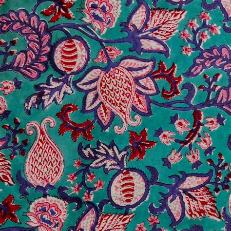 Pure Cotton Jaipuri Teal With Blue Maroon Wild Fruit Jaal Hand Block P ...