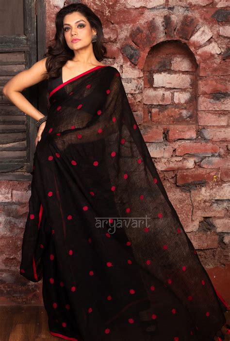 Black Linen Saree With Red Woven Polka dots – Thearyavart