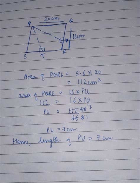 in parallelogram PQRS ,PQ=20 cm ,QR = 16 cm,PT perpendicular SR ,PU ...