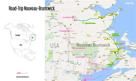 Carte et itinéraire pour un Road Trip au Nouveau-Brunswick, Canada