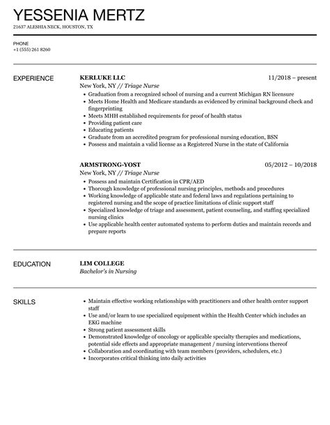 Triage Nurse Resume Samples | Velvet Jobs