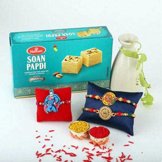 1 Spider Man Rakhi And 2 Simple Rakhi With Soan Papdi– Bloomsvilla