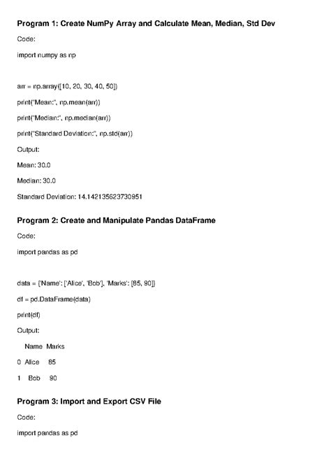 AI Class 12 Practical: 20 Programs on NumPy & Pandas Operations - Studocu