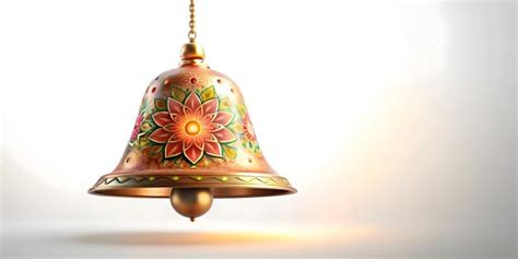 3d floating diwali temple bell with glowing patterns suspended mid air ...
