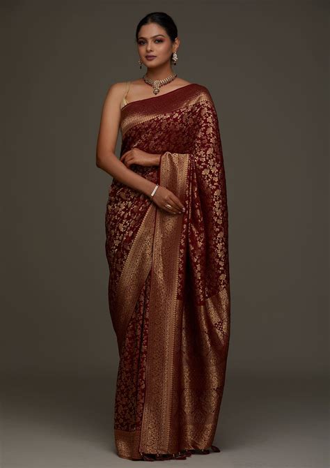 Buy Maroon Zari Work Banarasi Saree - Koskii