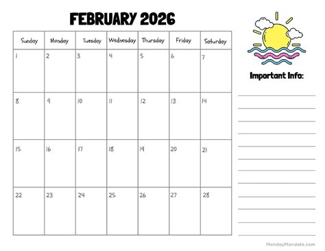 February 2026 Calendar With Holidays Printable