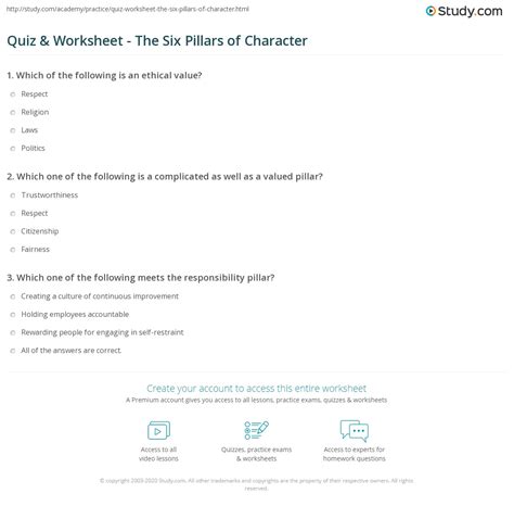 Quiz & Worksheet - The Six Pillars of Character& | Study.com