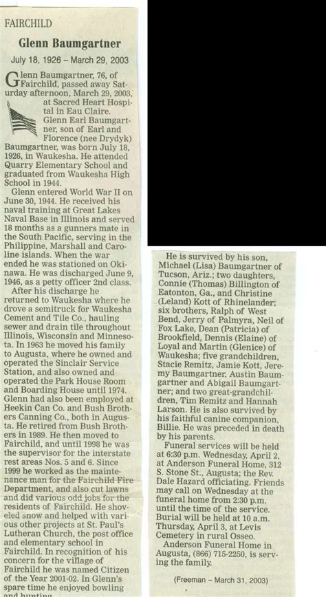Obituary for Glenn Baumgartner - 1926-2003 - published in the Waukesha ...