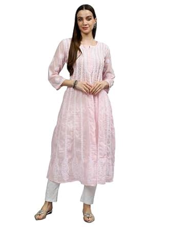Buy Seva Chikan Hand Embroidered Lucknowi Chikankari Pink Terivoil ...