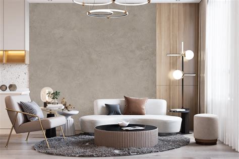 Textured plasters. Interior in the style of "warm minimalism"