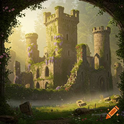 A sunlit, overgrown castle ruin covered in moss and purple flowering ...