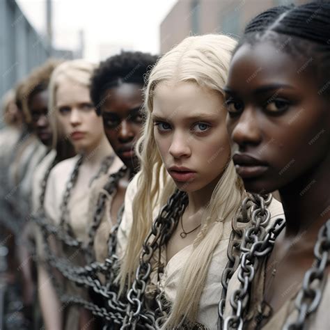 Beautiful girls hostages captives slaves in shackles and chains work as ...