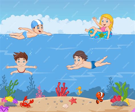 Cartoon kids swimming in the tropical ocean | Premium Vector