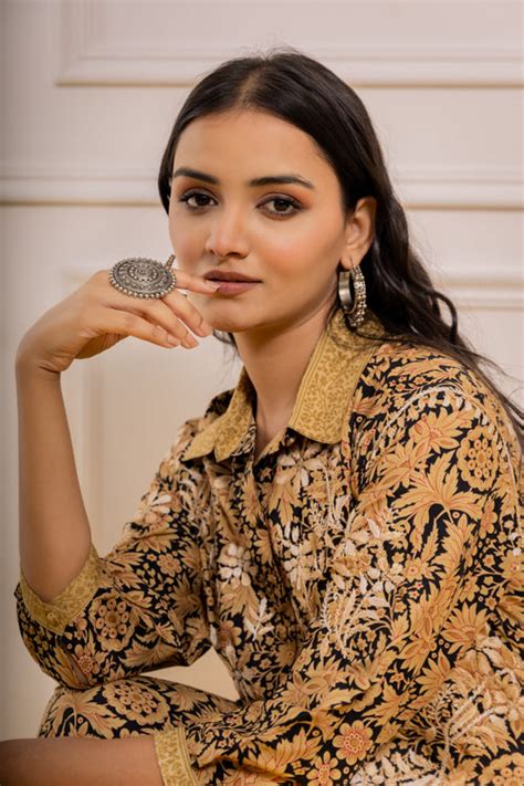 Black and Golden Polysilk Print Kurta Set - House Of Kari (Chikankari ...