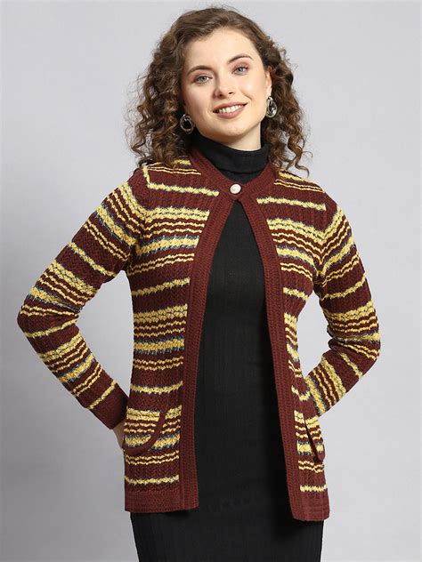Buy Women Maroon Stripe Cardigan Online in India - Monte Carlo