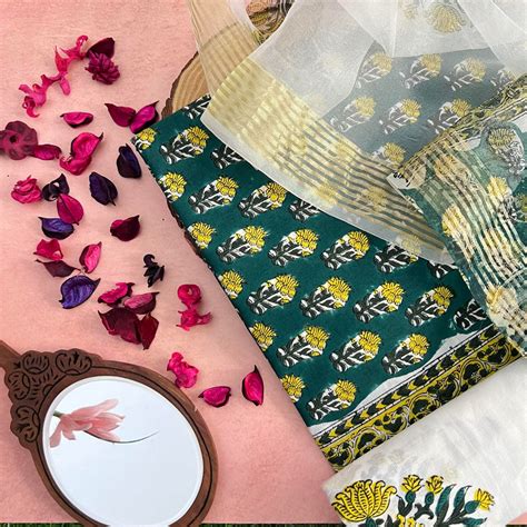 Bottle Green Color Cotton Suit Material Set-Bagru Printed-VS3425 ...