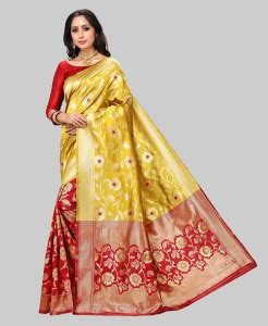 Buy Ethnic Junction Woven Banarasi Silk Blend Red, Mustard Sarees ...