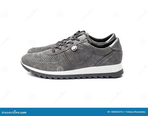 Pair Of New Gray Female Suede Sneakers Isolated Stock Photo - Image of ...