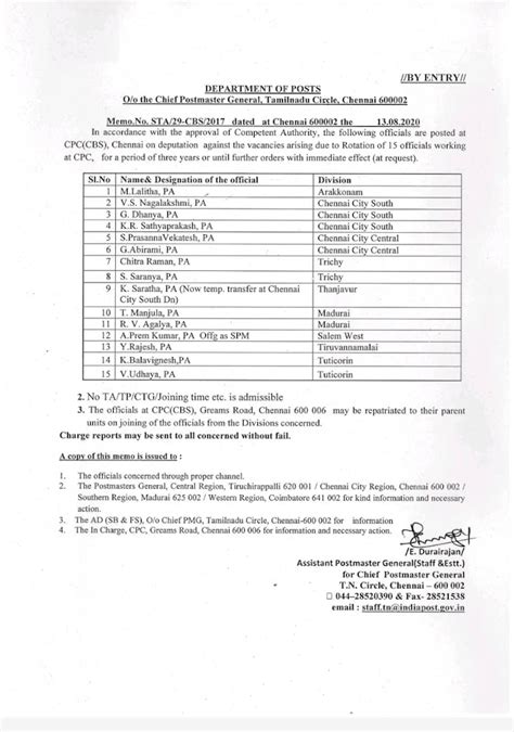 Deputation of officials to CPC(CBS) Chennai order dated 13.08.2020