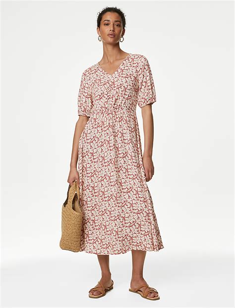 Buy Printed V-Neck Midi Waisted Dress at Marks & Spencer