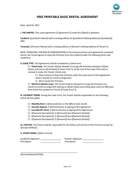 free printable basic rental agreement pdf