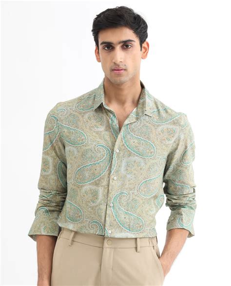 Rare Rabbit Men's Rego Pastel Green Cotton Paisley Print Regular Fit F