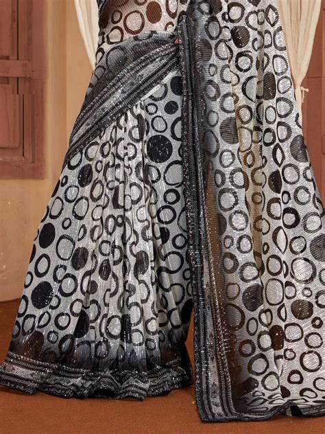 JKKR3736 Black & White Allover Sequin Embroidered Party Wear Saree with ...