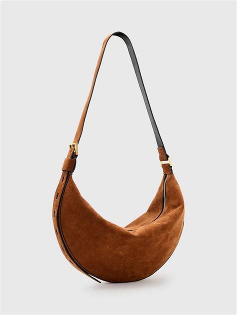 AllSaints Suede Half Moon Shoulder Bag, Cognac