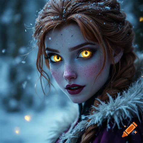 Photorealistic Anna from Frozen as a vampire with glowing yellow eyes and fangs on Craiyon