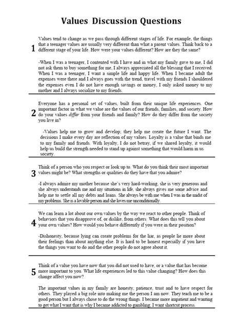 Image result for Values Discussion Questions PDF