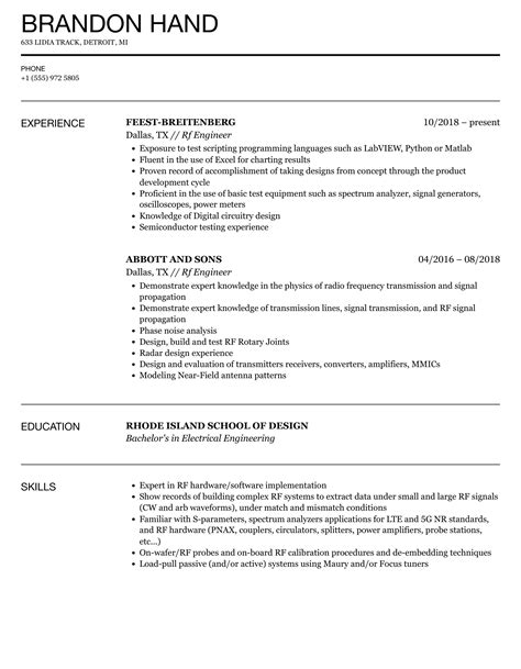 Rf Engineer Resume Samples | Velvet Jobs