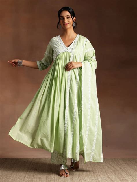 Buy Green Embroidered Cotton A-Line Kurta With Palazzos & Dupatta ...
