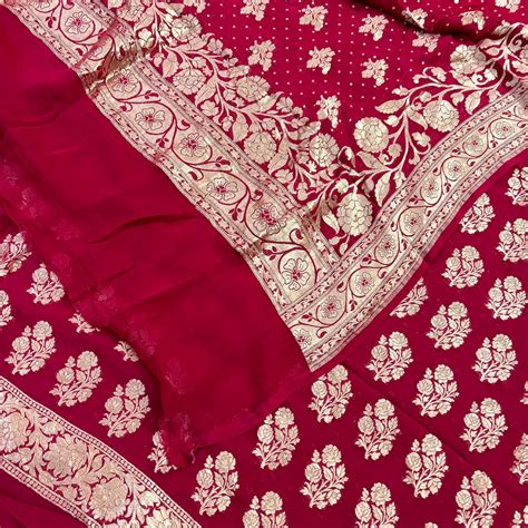 Pinkish Red Guldasta Pure Georgette Silk Banarasi Suit – Mohsin Textiles