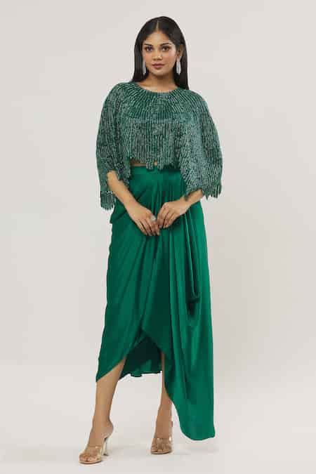 Buy Green Satin Beads, Embroidery, Crystals Sweetheart Neck Feather ...