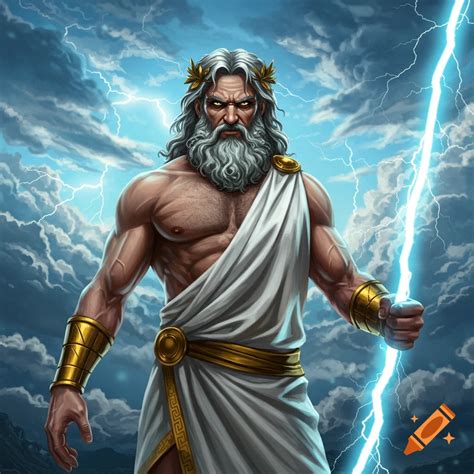 The Greek god Zeus holds a lightning bolt against a stormy sky. on Craiyon