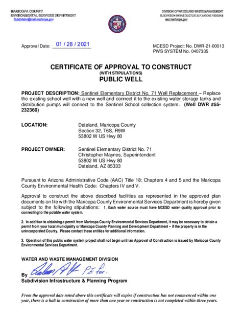 Fillable Online CERTIFICATE OF APPROVAL TO CONSTRUCT PUBLIC WELL Fax ...