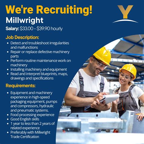 🔧 We’re Recruiting: Millwright Position: Millwright Salary: $33.00 - $39.90 hourly Job ...