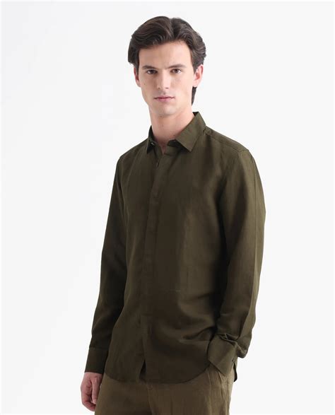 Rare Rabbit Men's Throner Olive Full Sleeves Solid Linen Blend Shirt