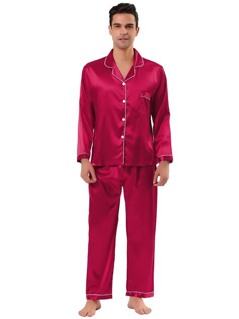 Conjuntos de pijama de satén para hombre, manga larga, con botones ...