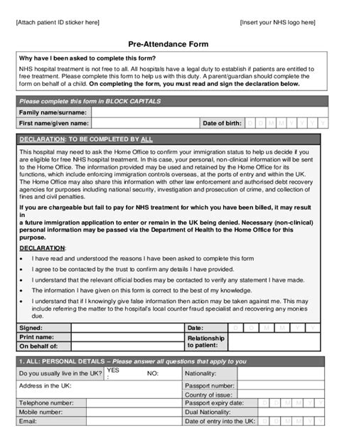 UK NHS Pre-Attendance Form - Fill Online, Printable, Fillable, Blank ...