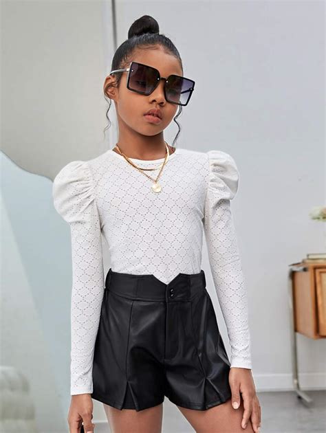 SHEIN Tween Girl Long Sleeve Round Neck Princess Sleeve Jacquard T ...