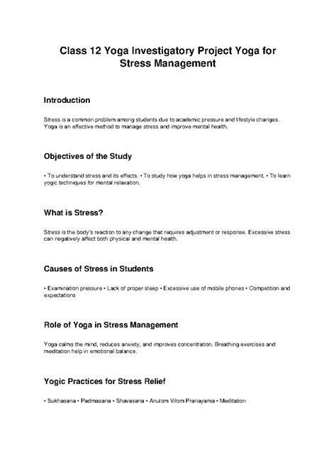 Class 12 Yoga Project: Stress Management Through Yoga Techniques - Studocu