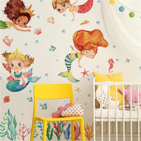 Buy Mfault Multicultural Mermaid Under The Sea Animal Wall Decal ...